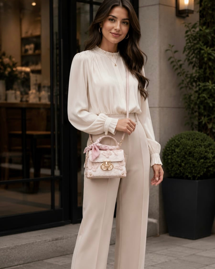 Woman in a white blouse and beige pants holding a pink handbag outdoors.